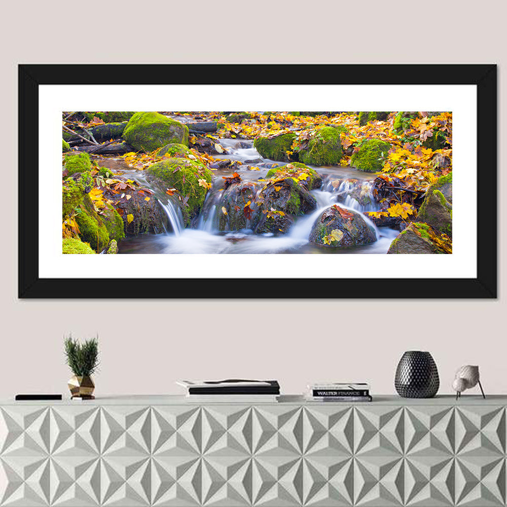 Mossy Autumn Stream Wall Art in a room, panoramic