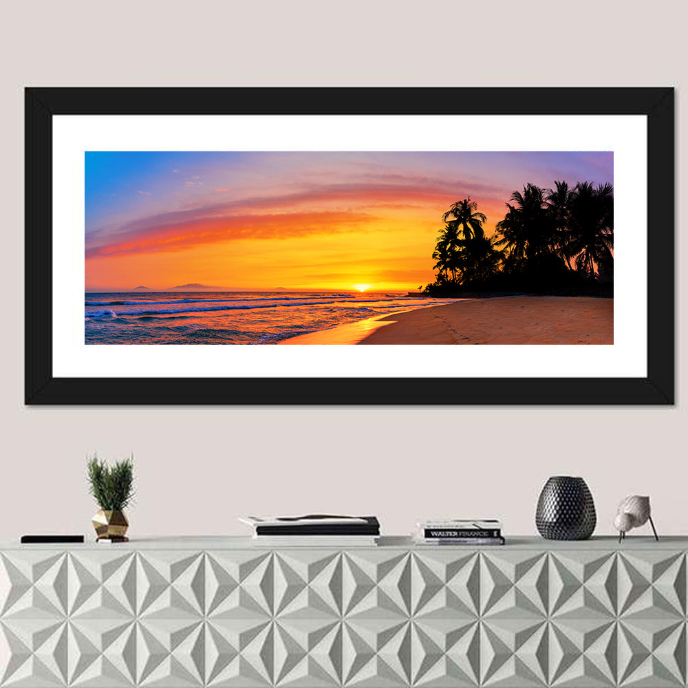 Tropical Beach Sunset Wall Art in a room, panoramic