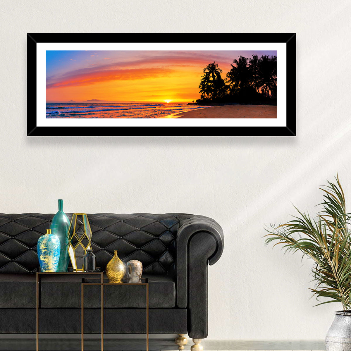 Tropical Beach Sunset Wall Art in a room, panoramic