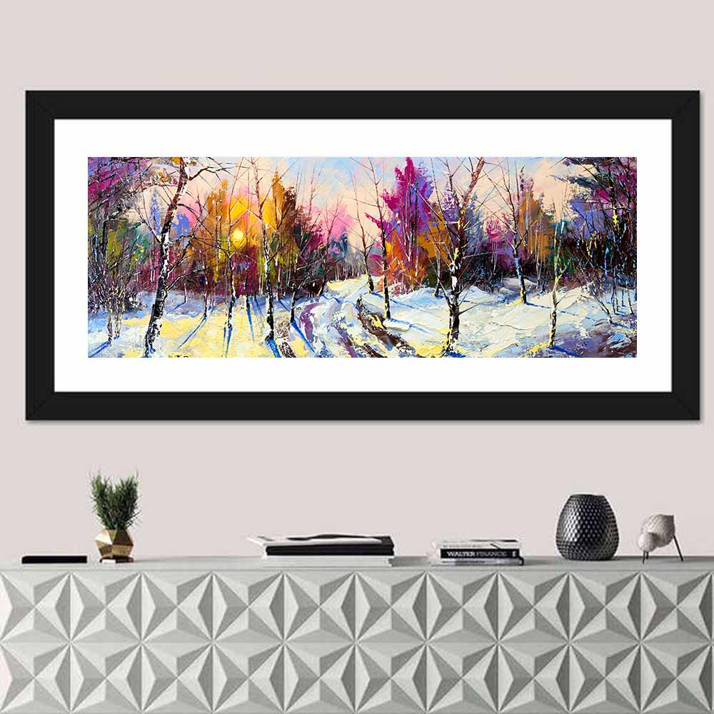 Snowy Birch Path at Sunset Wall Art