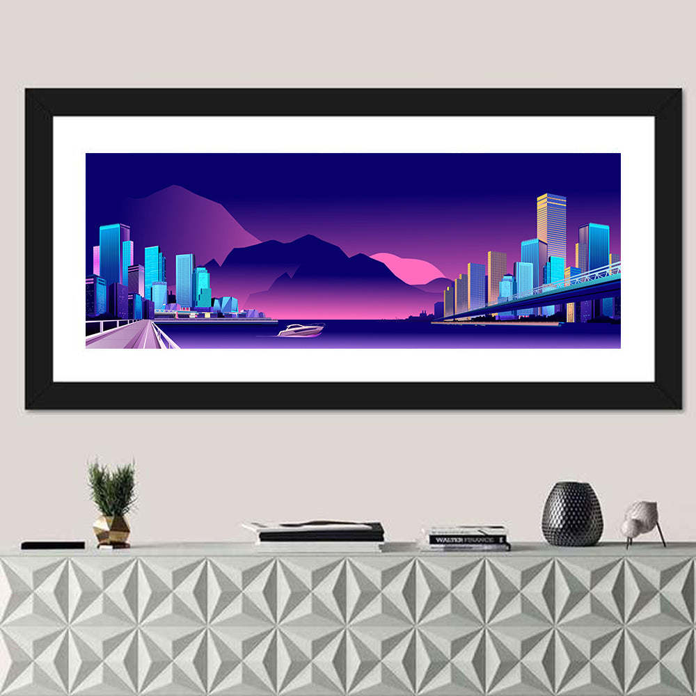 Purple Harbor Skyline Wall Art in a room, panoramic