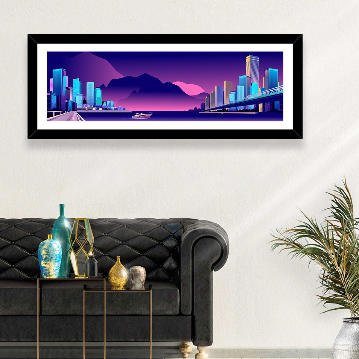 Purple Harbor Skyline Wall Art in a room, panoramic