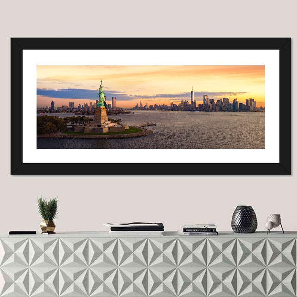 Statue of Liberty Golden Hour Wall Art in a room, panoramic