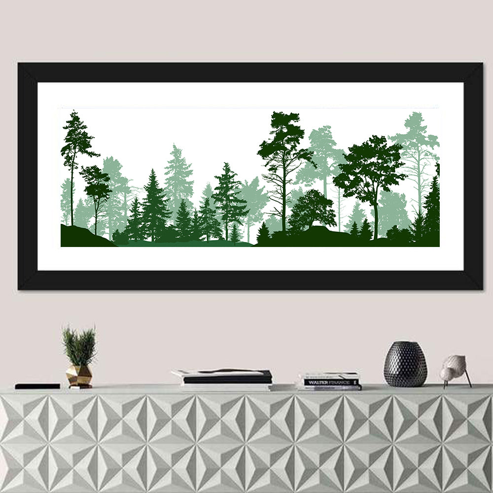Layered Green Forest Silhouette Wall Art in a room, panoramic