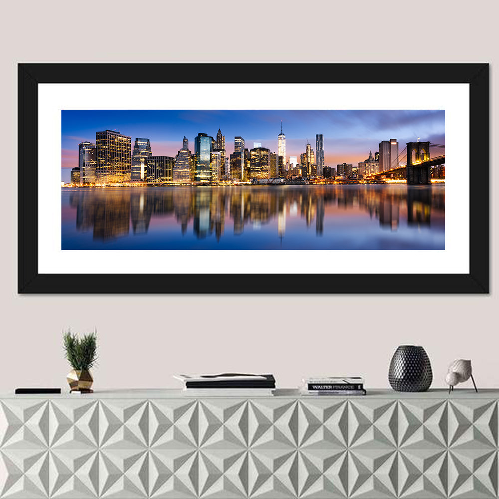 Manhattan Skyline at Twilight Wall Art in a room, panoramic