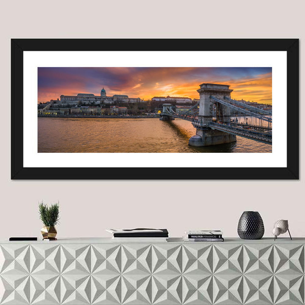 Budapest Chain Bridge at Golden Dusk Wall Art in a room, panoramic