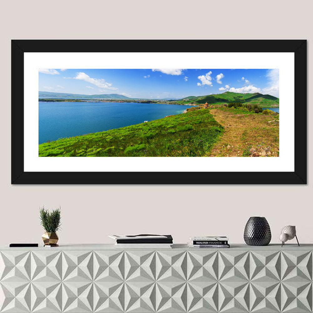 Sevanavank Monastery Above Lake Sevan Wall Art in a room, panoramic
