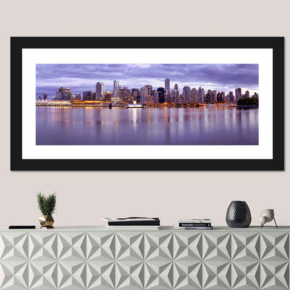 Vancouver Skyline at Twilight Wall Art in a room, panoramic