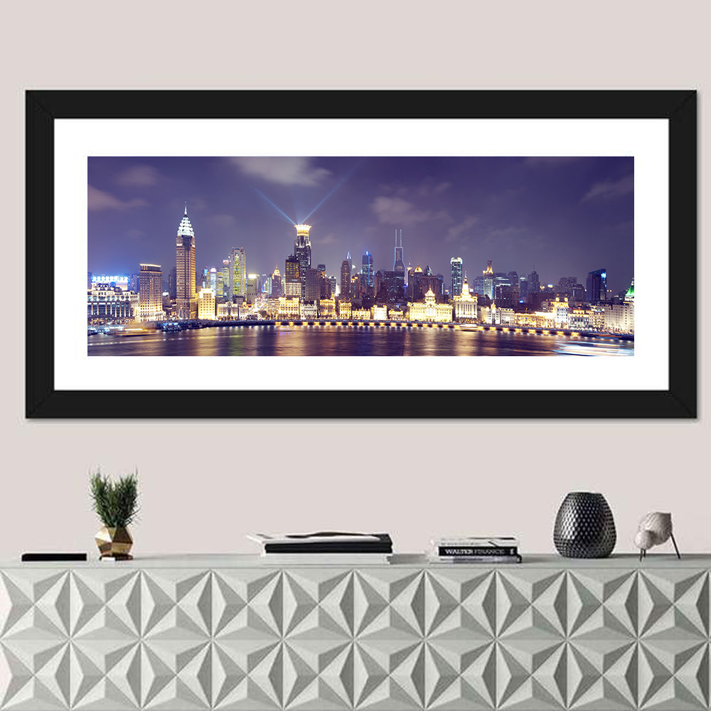 Shanghai Night Skyline Wall Art in a room, panoramic