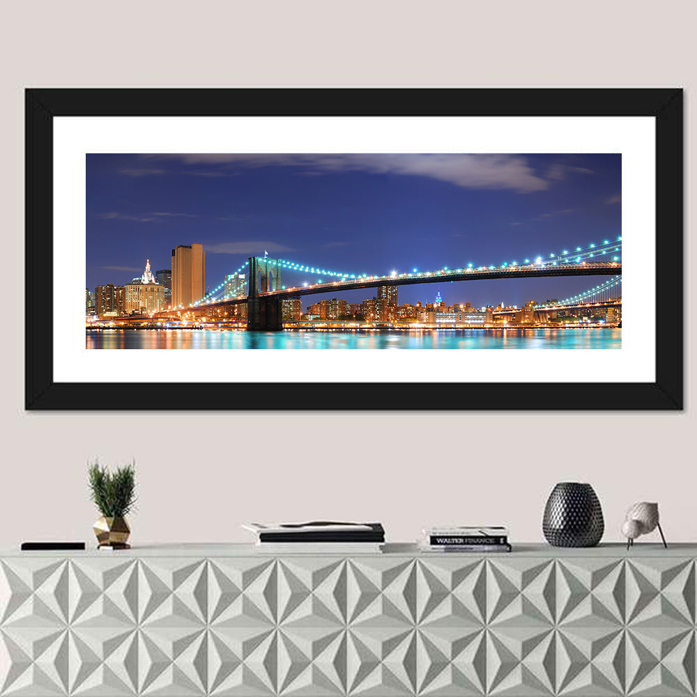 Brooklyn Bridge Night Skyline Wall Art in a room, panoramic
