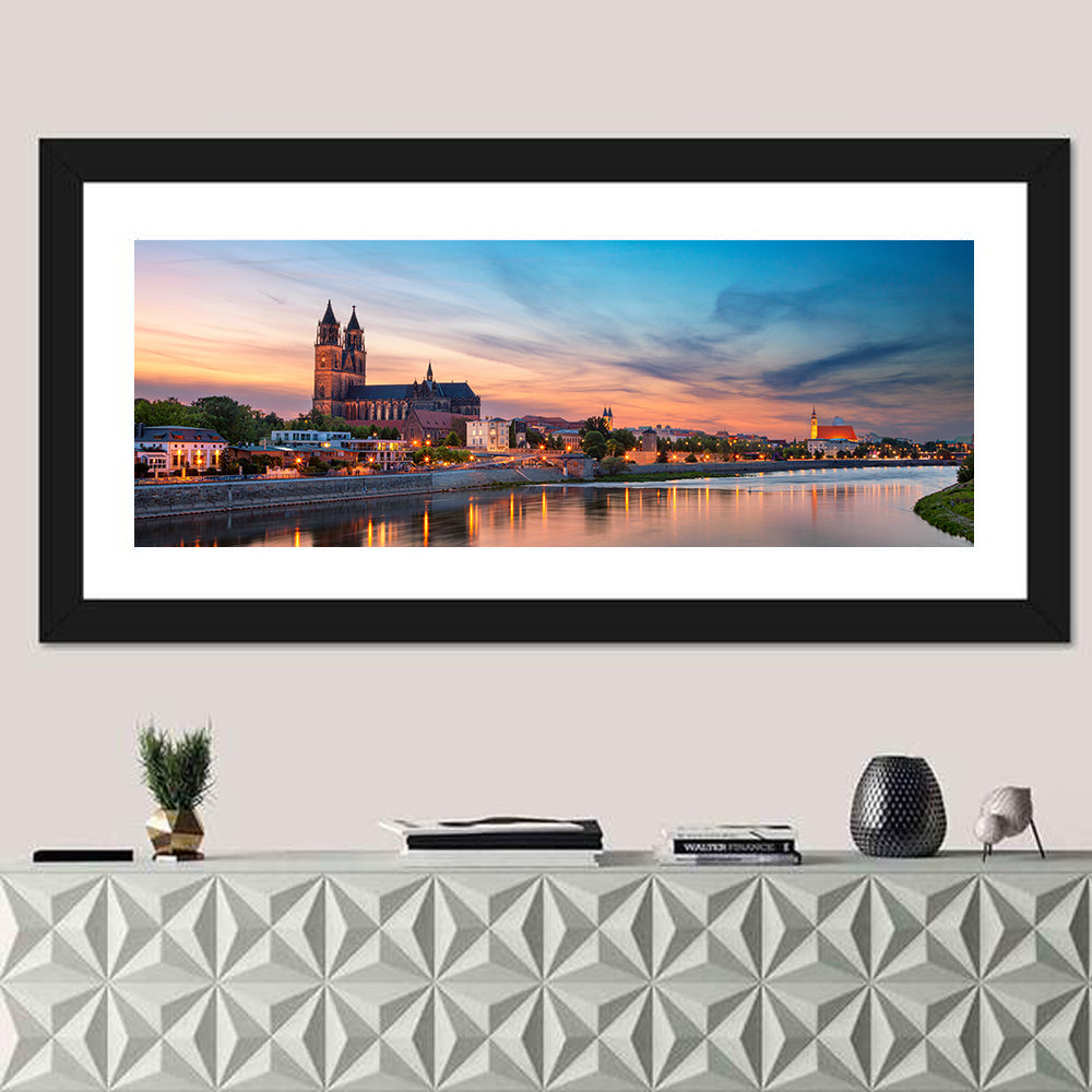 Magdeburg Cathedral at Dusk Wall Art in a room, panoramic