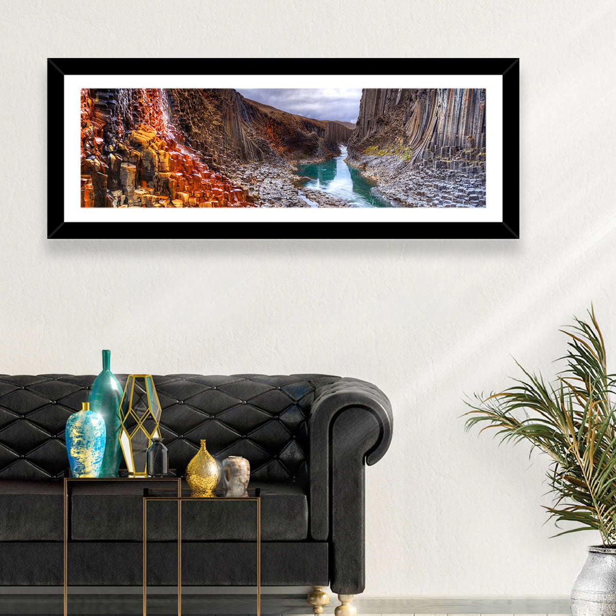 Studlagil Canyon Basalt Columns Wall Art in a room, panoramic
