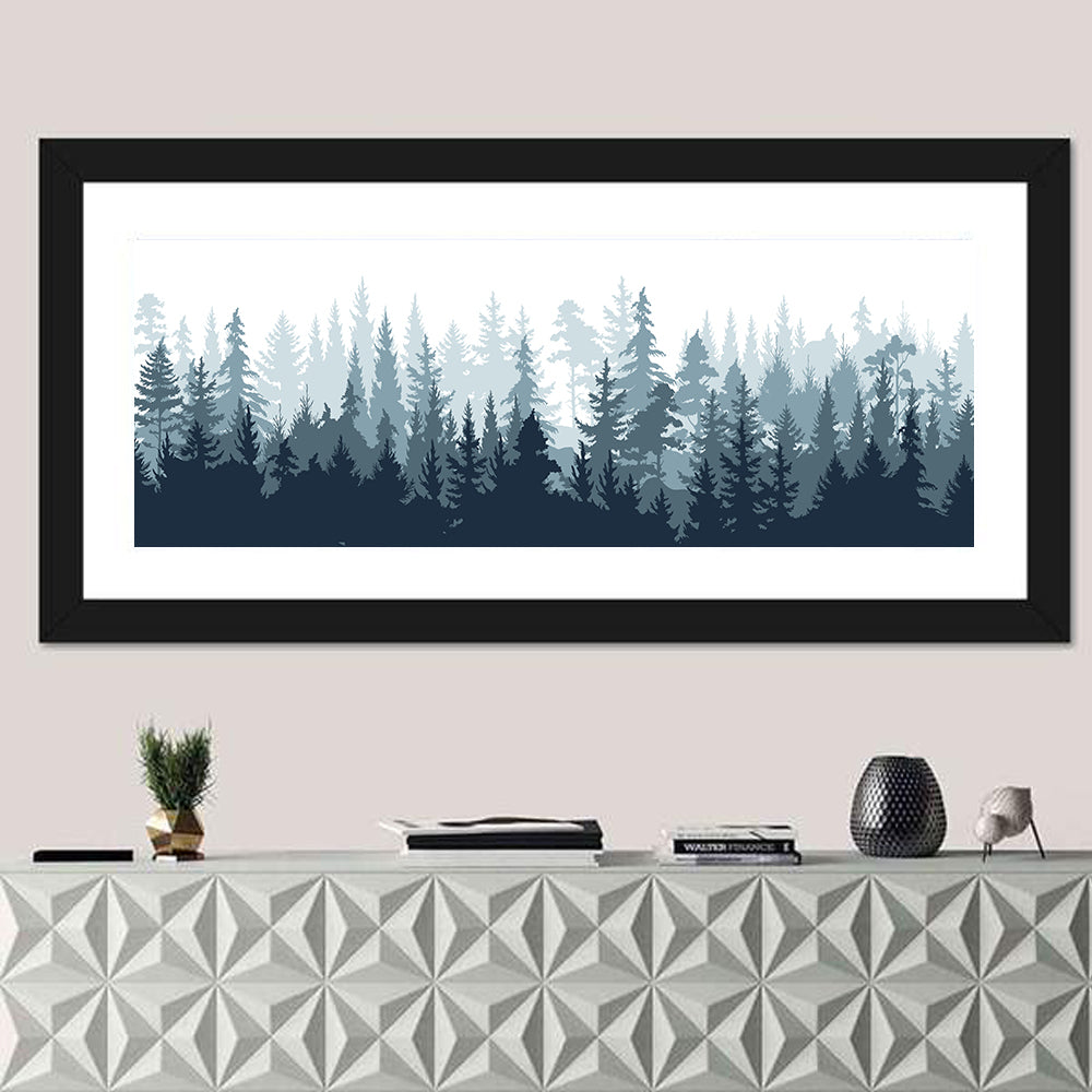 Misty Blue Pine Silhouette Wall Art in a room, panoramic