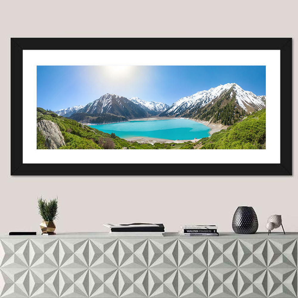 Big Almaty Lake Vista Wall Art in a room, panoramic