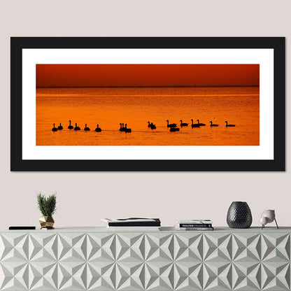 Geese Silhouettes at Orange Sunset Wall Art