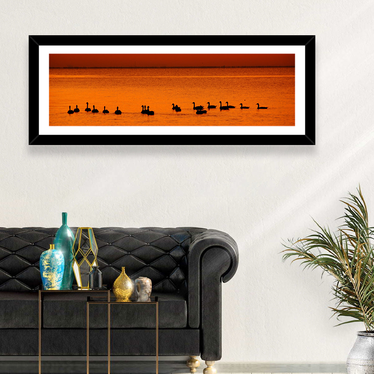 Geese Silhouettes at Orange Sunset Wall Art