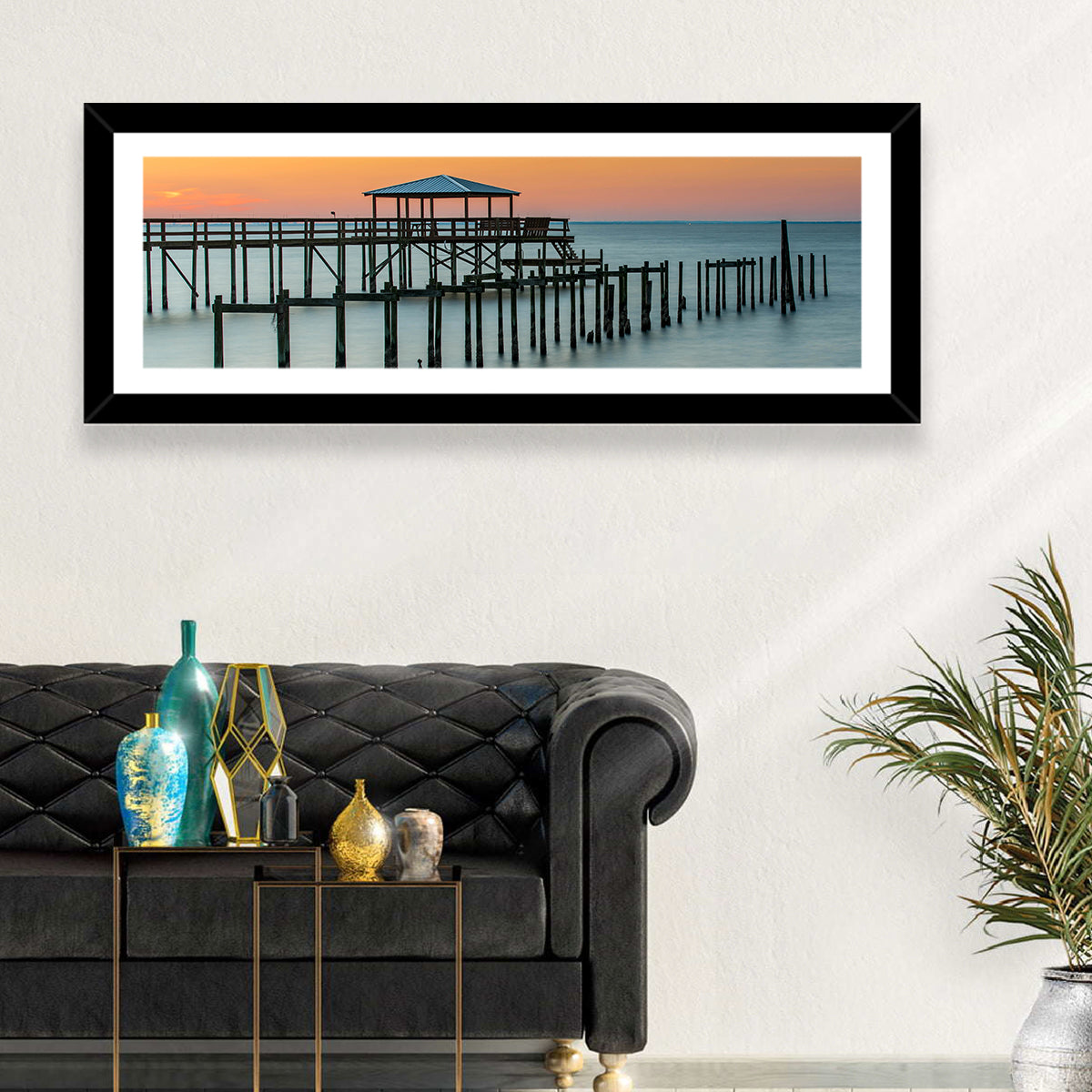 Fairhope Pier at Sunset Wall Art in a room, panoramic