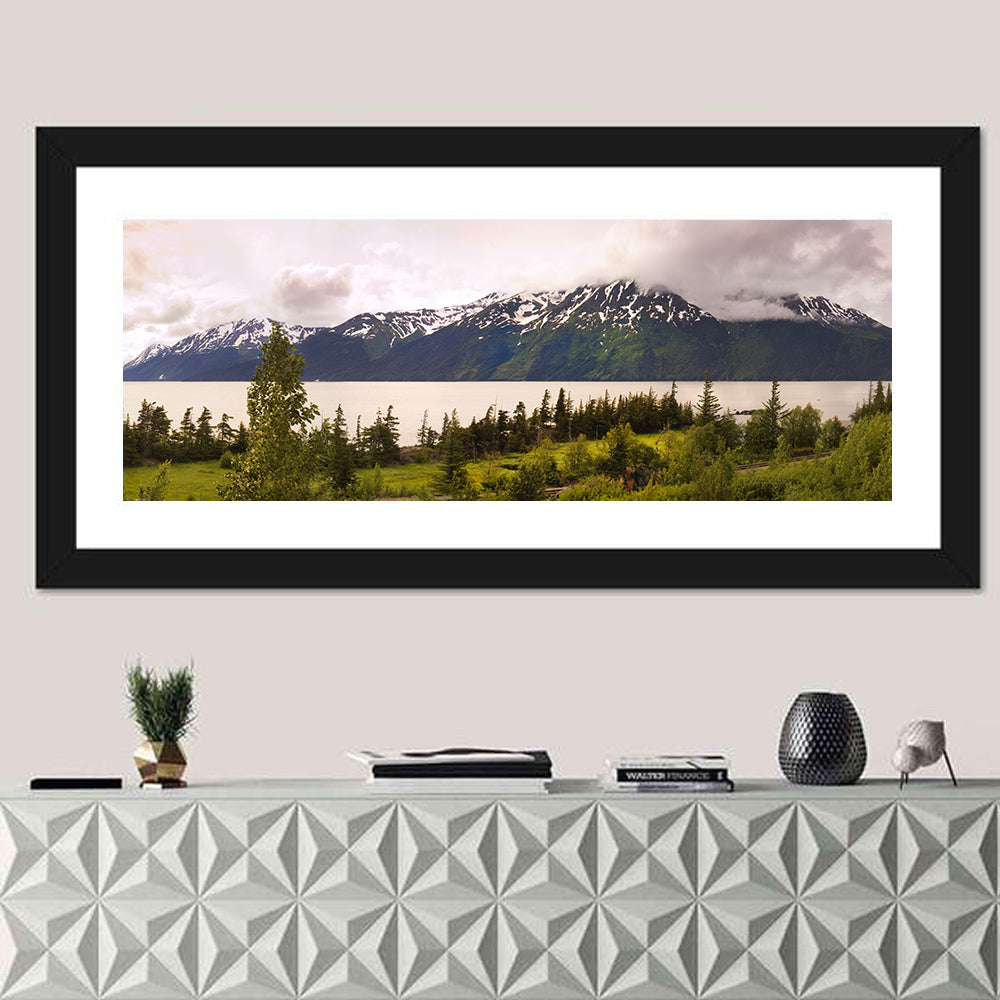 Alaska Mountain Lake View Wall Art in a room, panoramic