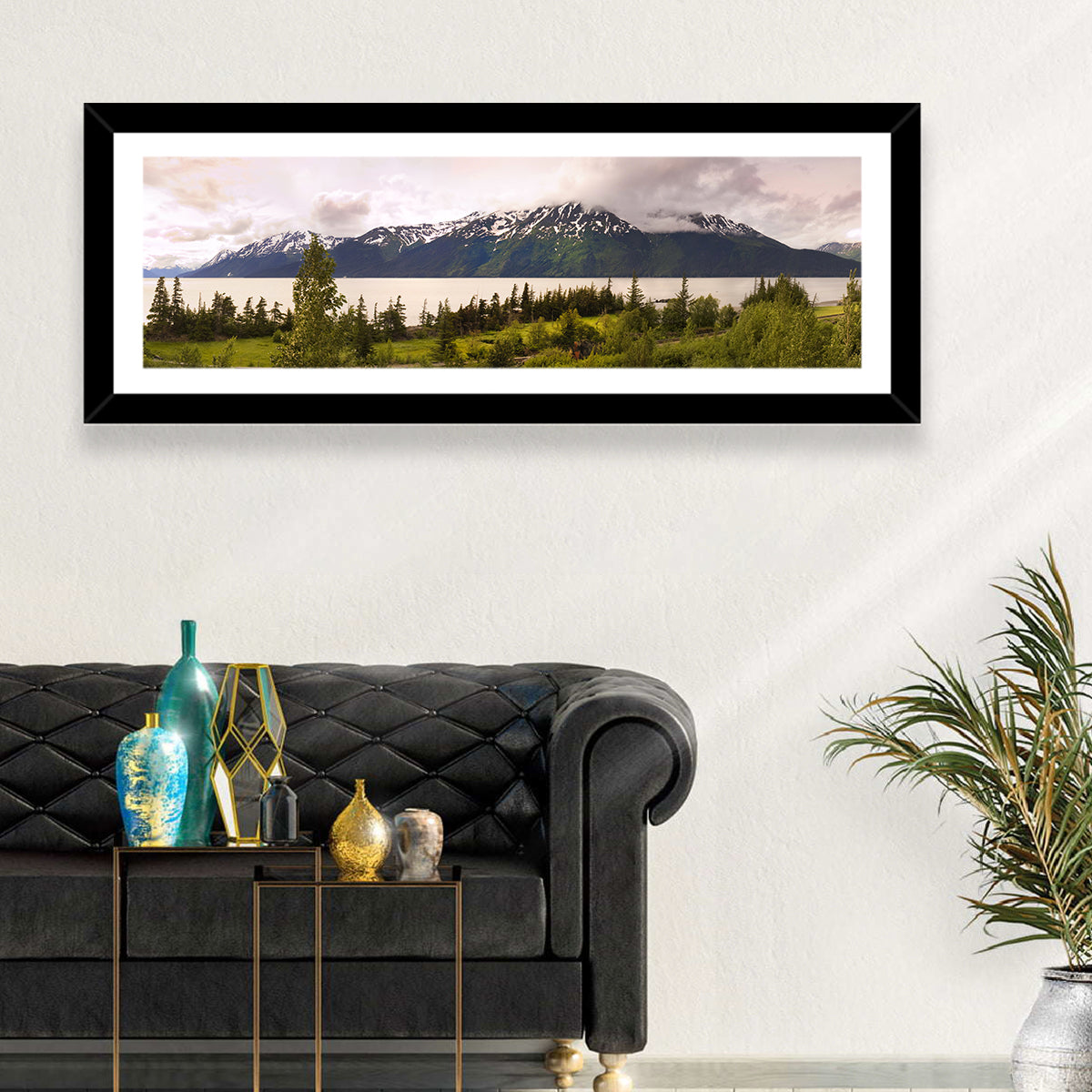 Alaska Mountain Lake View Wall Art in a room, panoramic