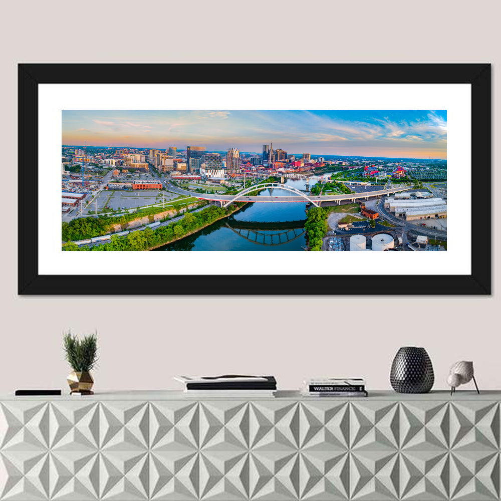 Nashville Skyline at Golden Hour Wall Art in a room, panoramic