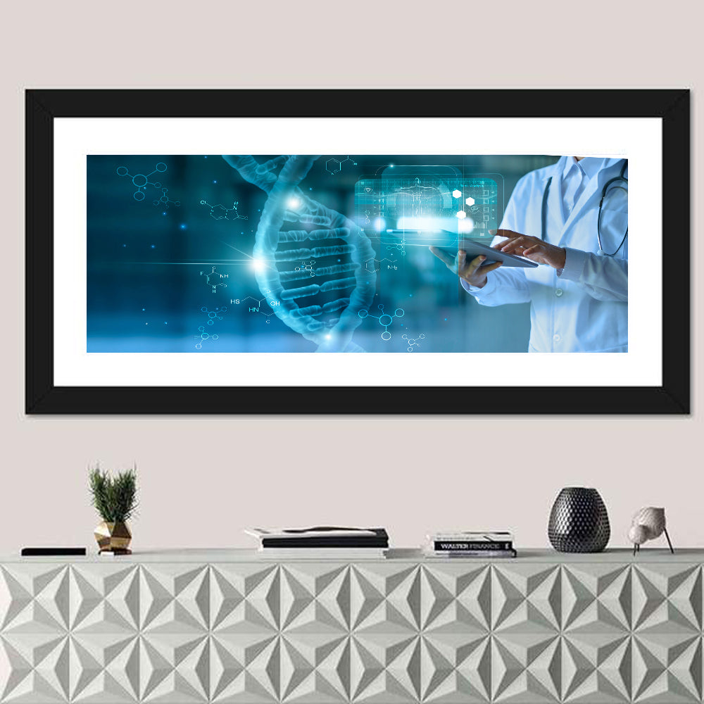 Doctor with Dna Helix Wall Art in a room, panoramic