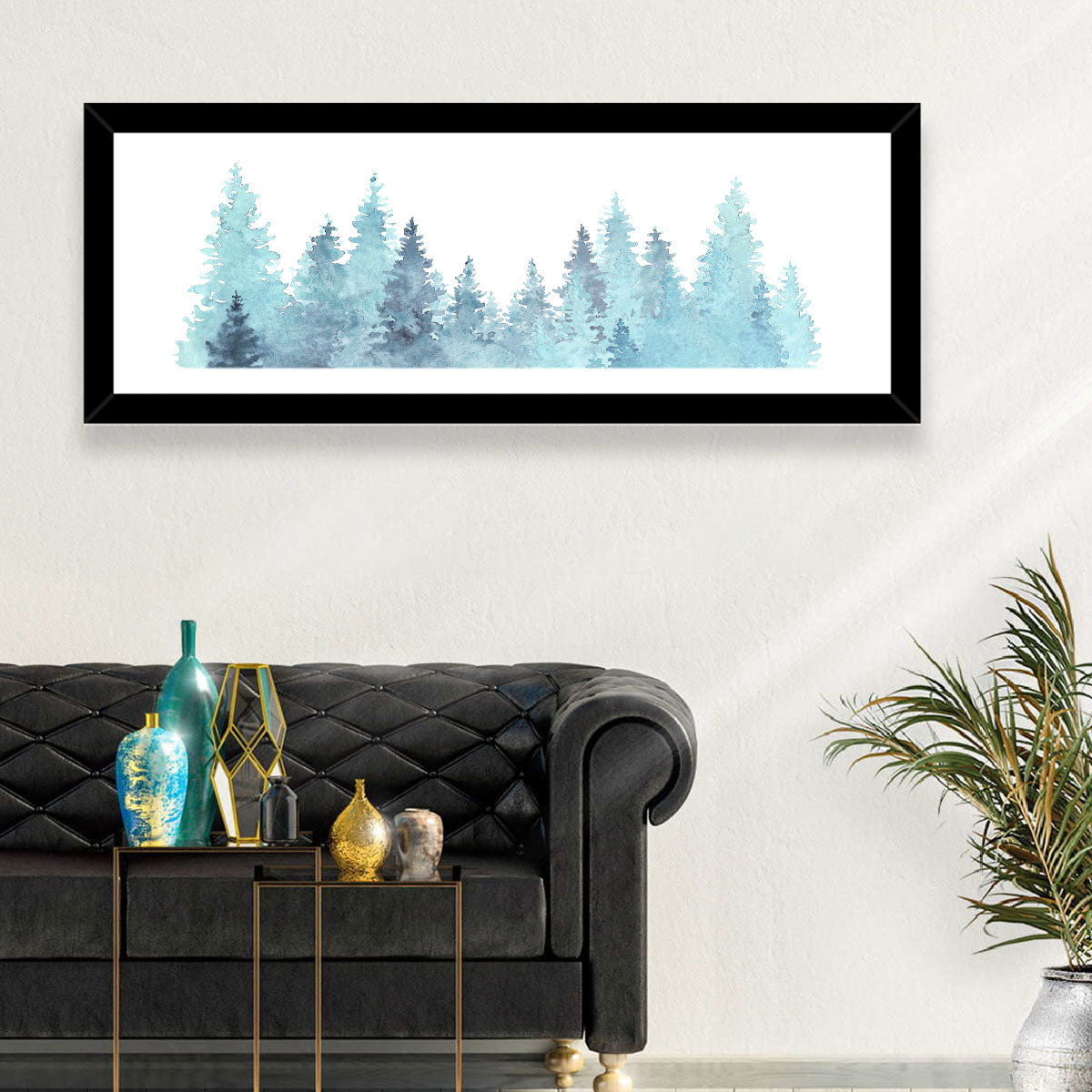 Watercolor Pine Trees Wall Art in a room, panoramic