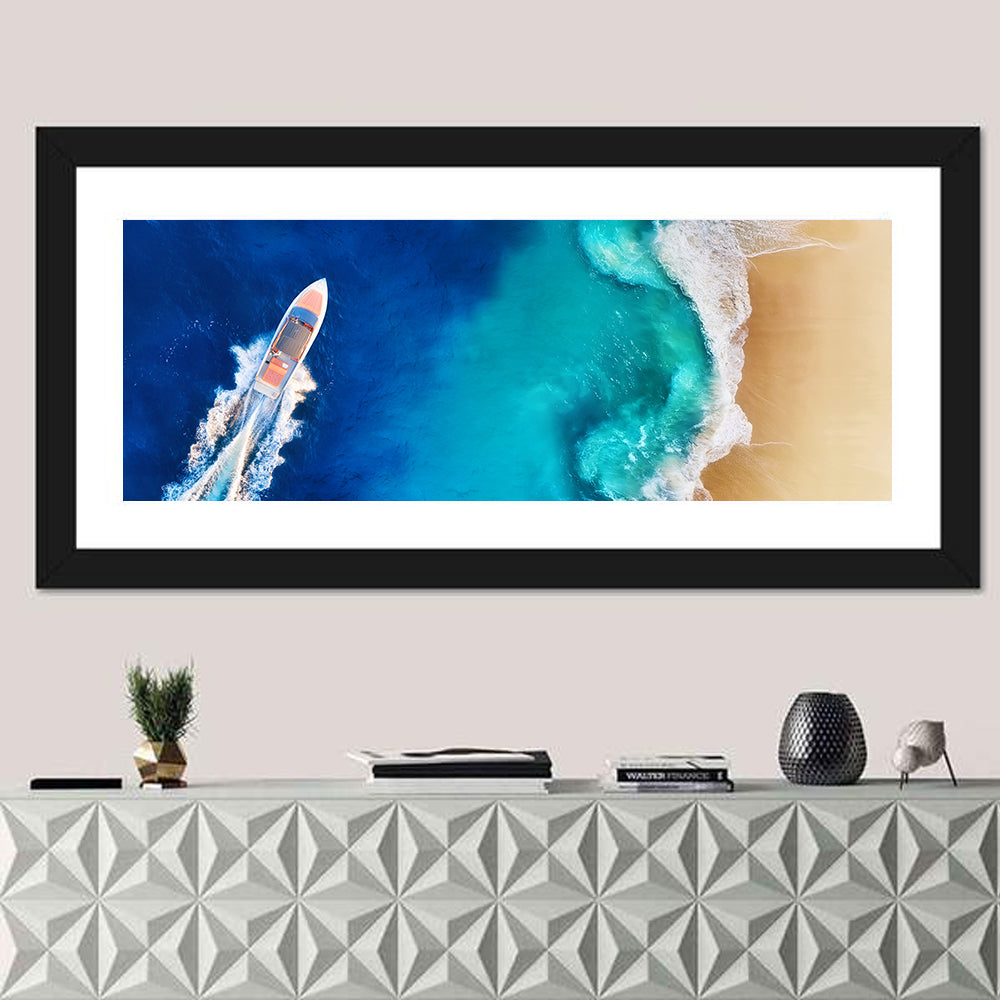 Speed Boat Over Turquoise Beach Wall Art in a room, panoramic