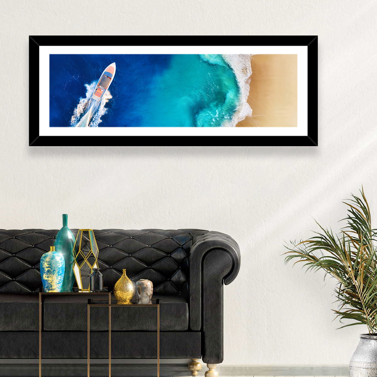 Speed Boat Over Turquoise Beach Wall Art