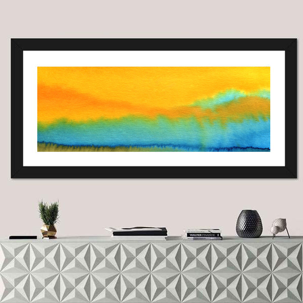 Sunset Horizon Watercolor Wall Art in a room, panoramic