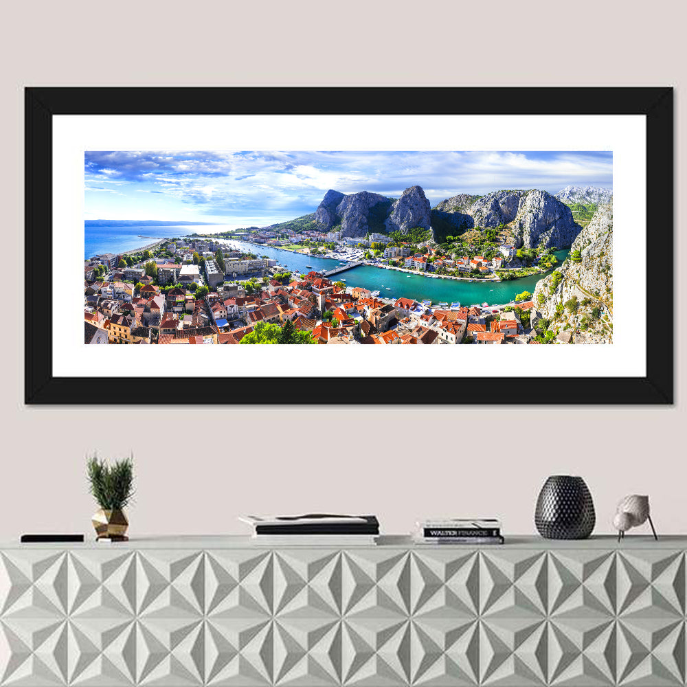 Omiš Cetina River Mouth Canyon View Wall Art in a room, panoramic