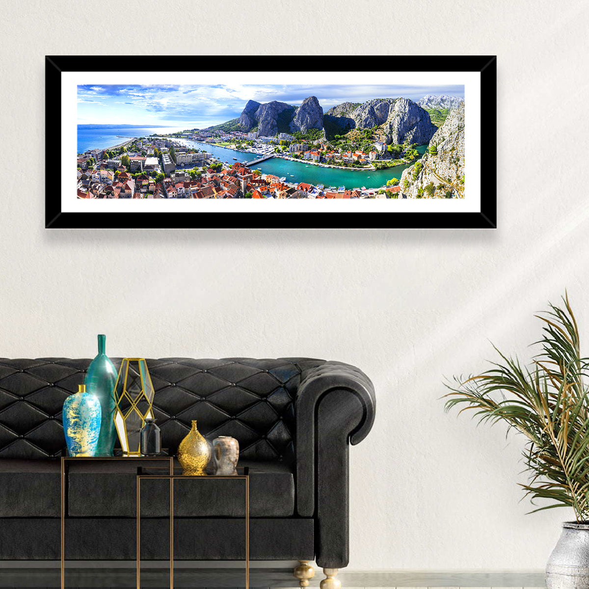 Omiš Cetina River Mouth Canyon View Wall Art in a room, panoramic