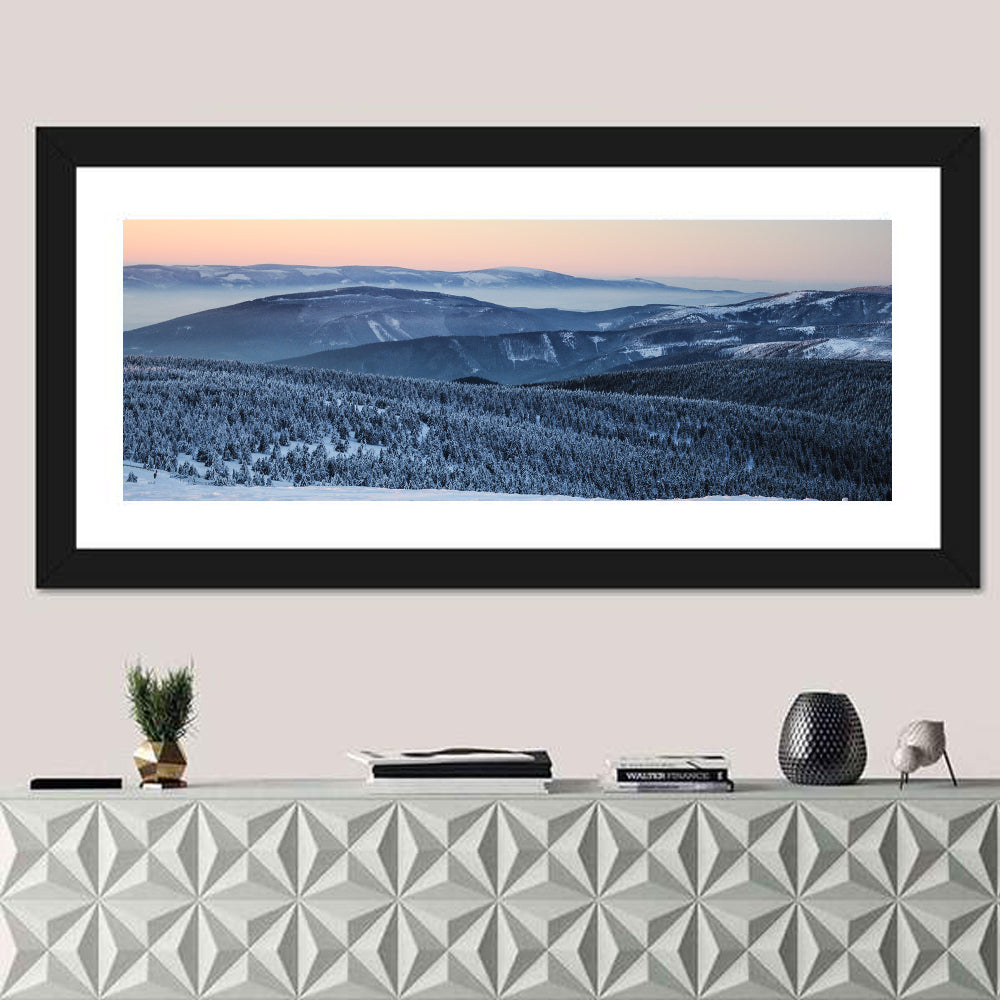 Jeseníky Winter Mist Wall Art in a room, panoramic