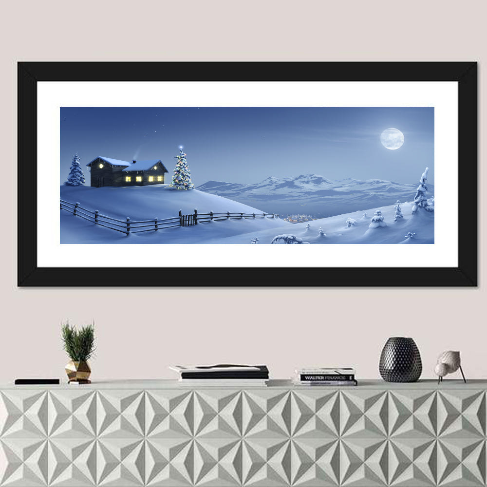 Snowy Mountain Cabin at Night Wall Art in a room, panoramic