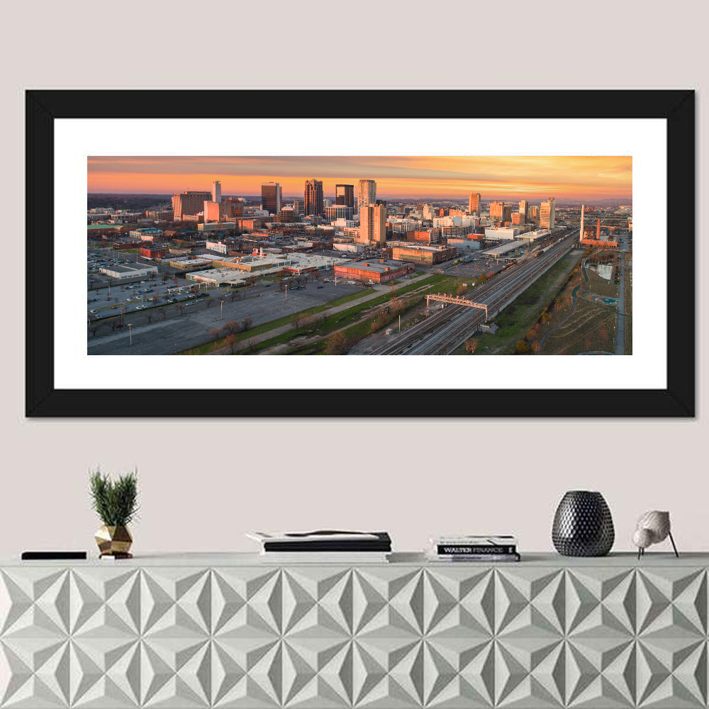 Birmingham Golden Hour Skyline Wall Art in a room, panoramic