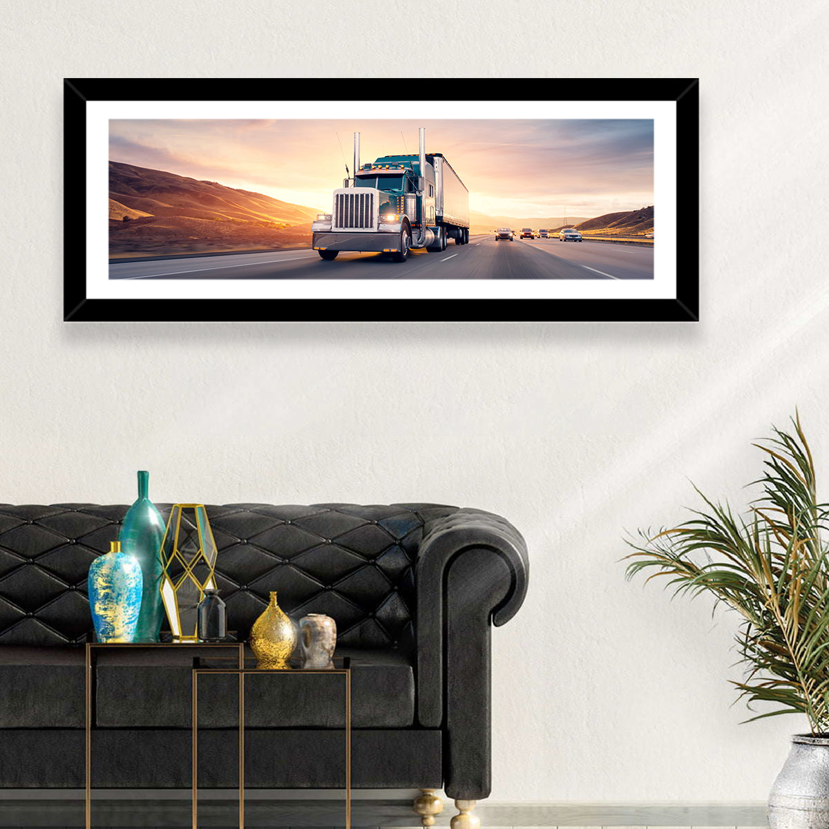 Semi Truck Highway Sunset Wall Art
