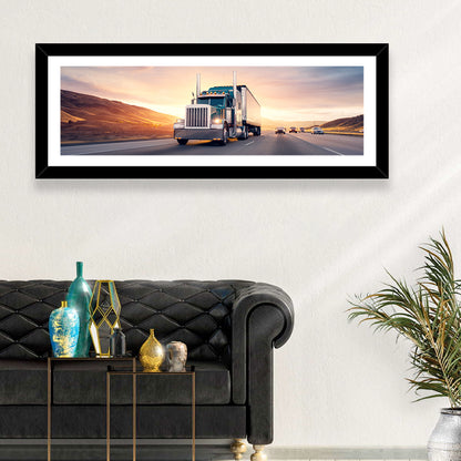 Semi Truck Highway Sunset Wall Art