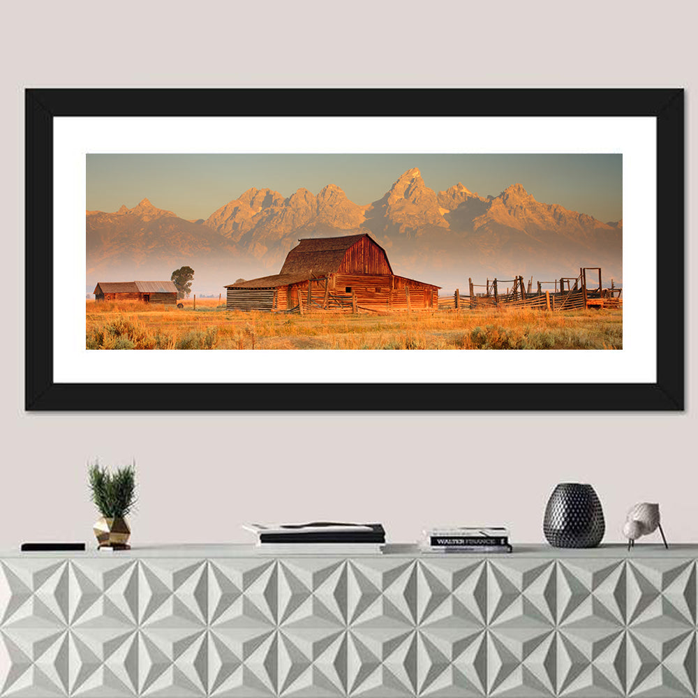 Moulton Barn, Grand Teton Wall Art in a room, panoramic