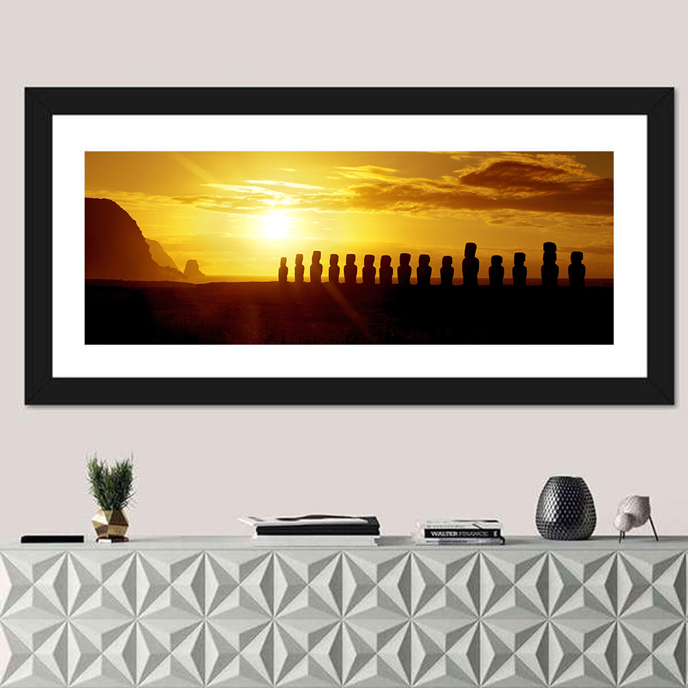 Easter Island Moai at Sunset Wall Art in a room, panoramic