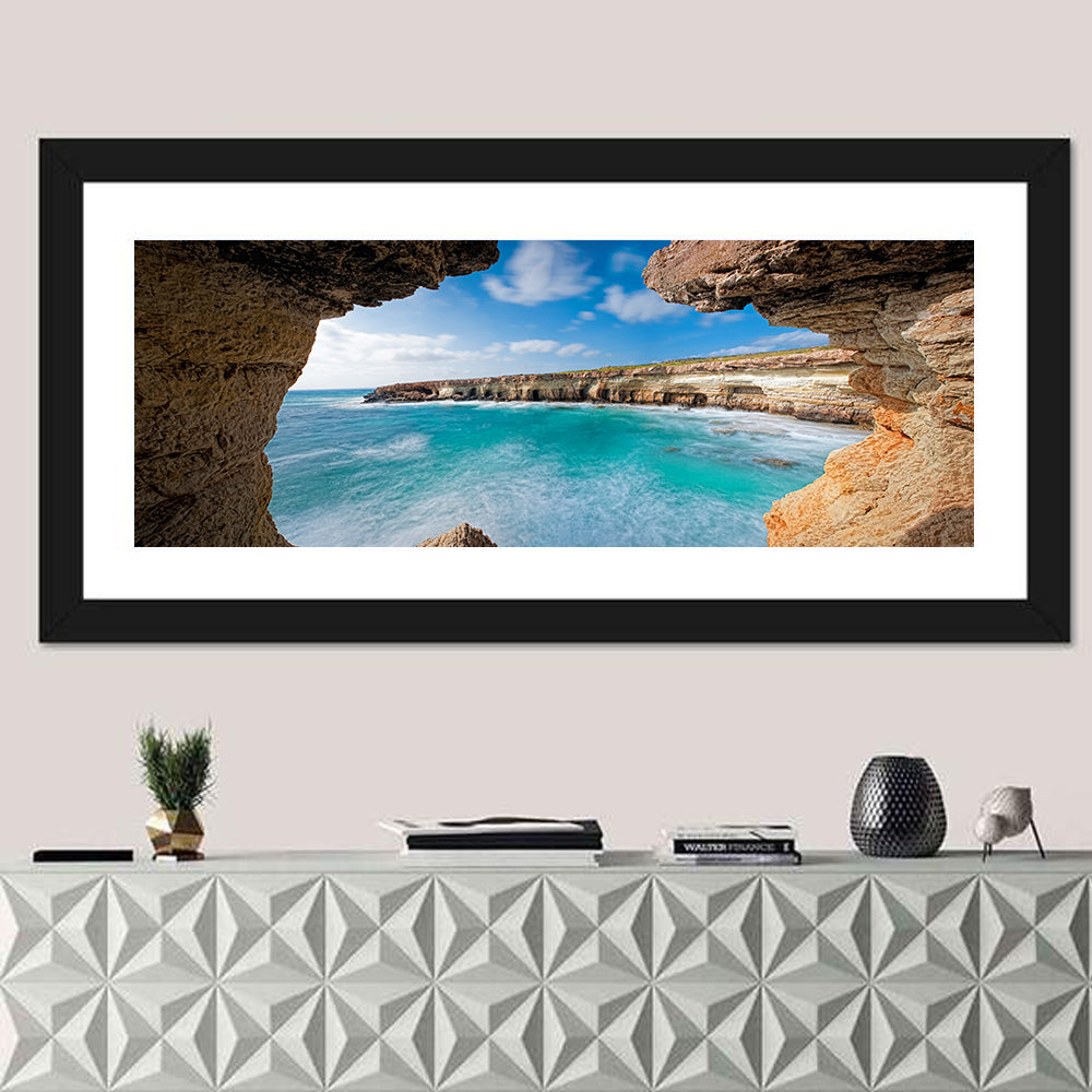 Cape Greko Sea Cave View Wall Art in a room, panoramic