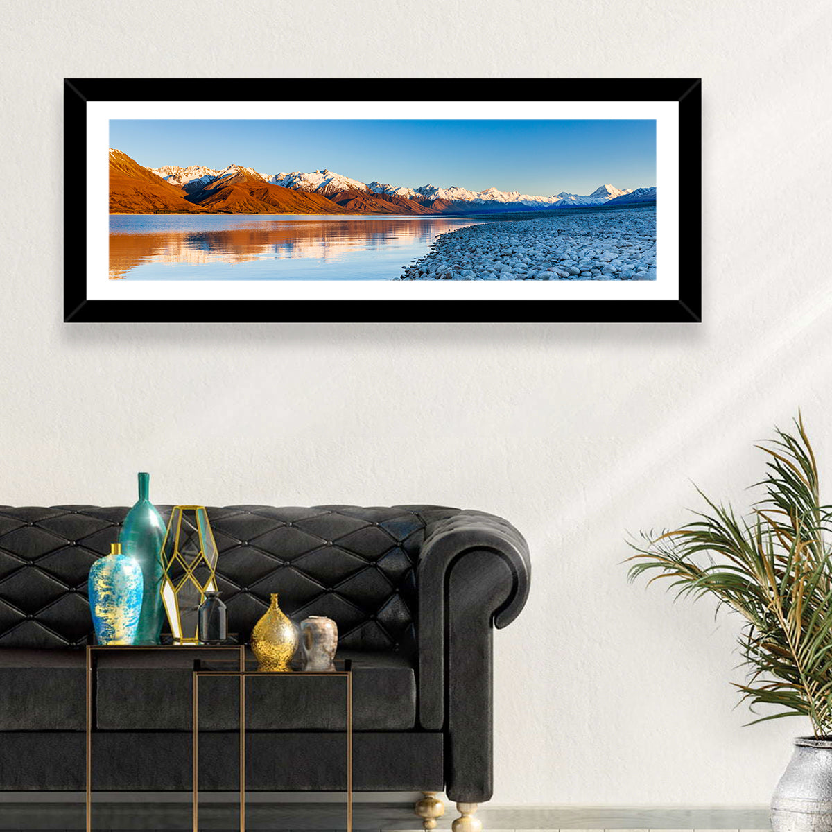 Lake Pukaki Sunset Reflection Wall Art in a room, panoramic
