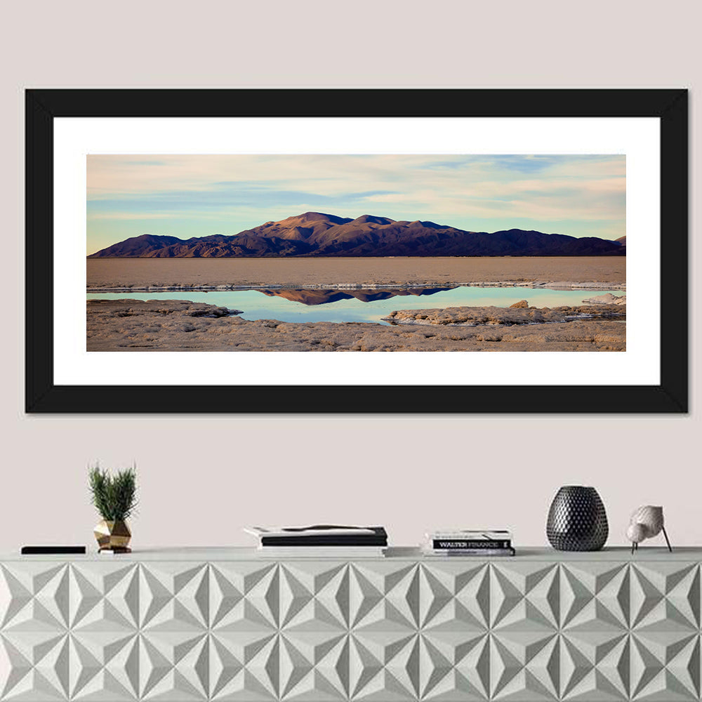 Salinas Grande Salt Flat Reflection Wall Art in a room, panoramic