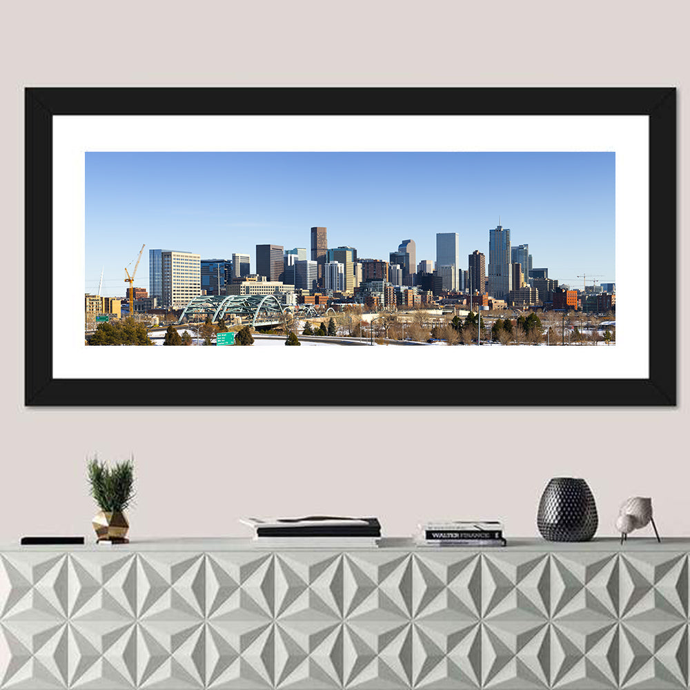Denver Skyline with Speer Boulevard Bridge Wall Art in a room, panoramic