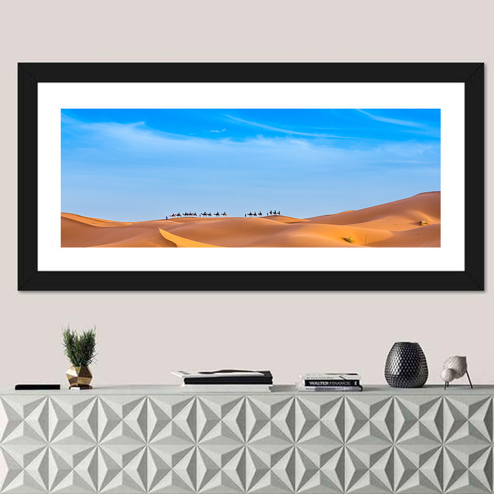 Merzouga Sand Dunes Wall Art in a room, panoramic