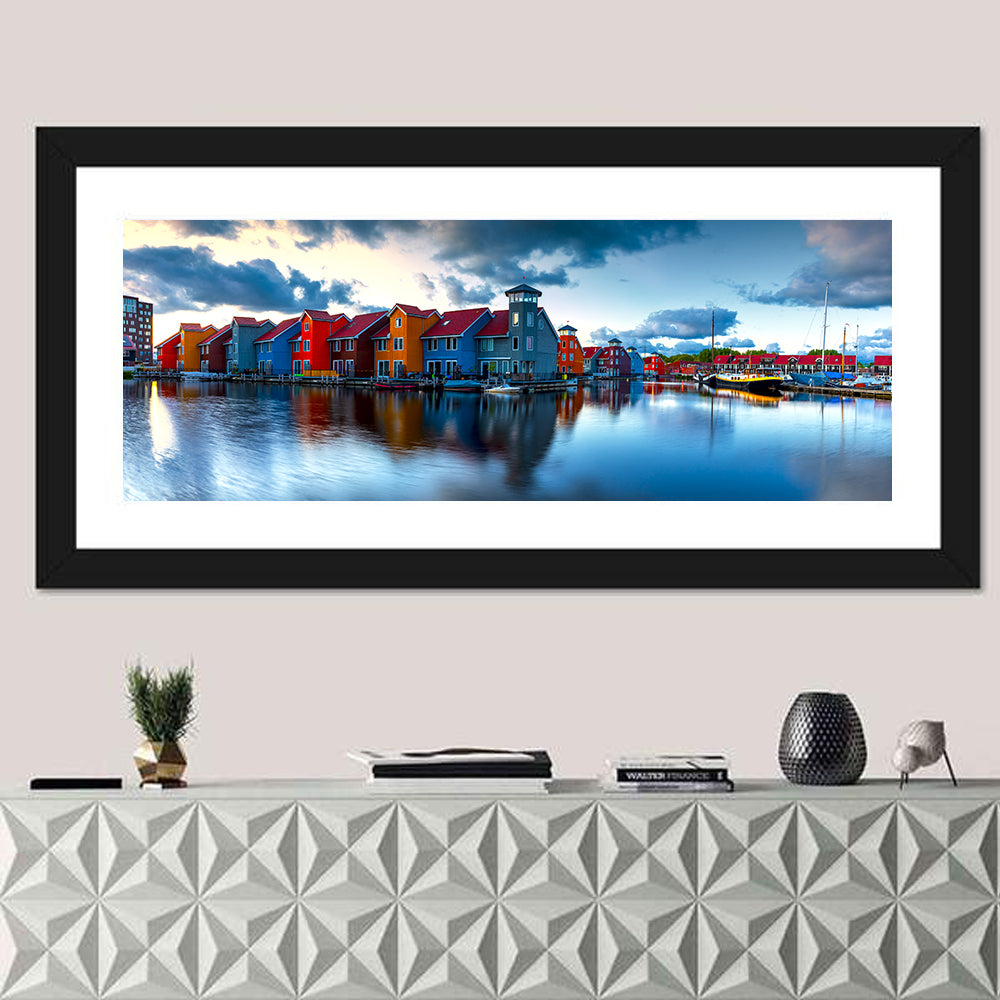 Groningen Port Sunrise Wall Art in a room, panoramic