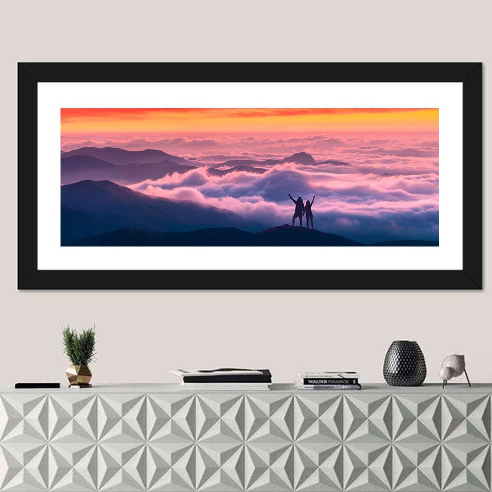 Sunset Summit Hikers Wall Art in a room, panoramic