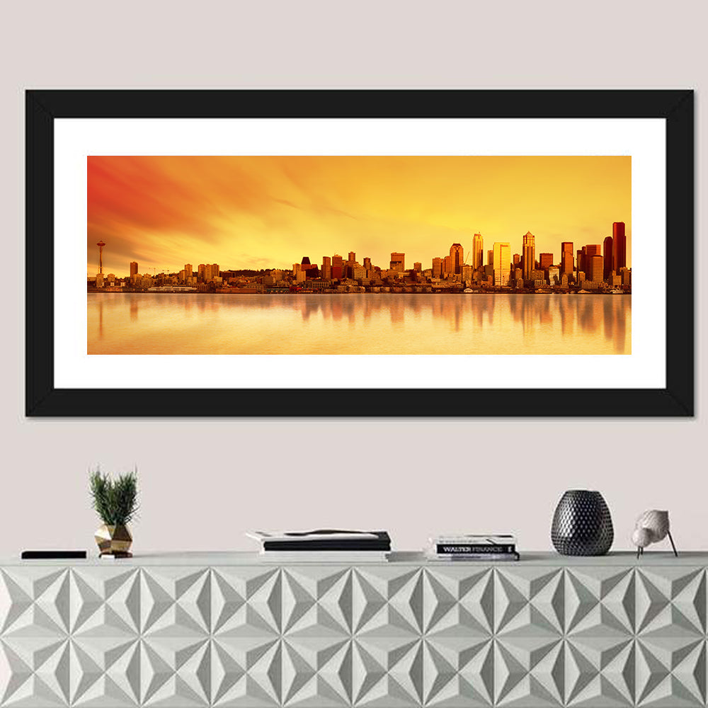 Seattle Skyline in Golden Hour Wall Art in a room, panoramic