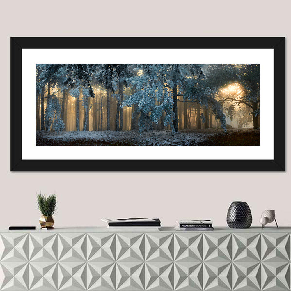Sunlit Snow Covered Forest Wall Art in a room, panoramic