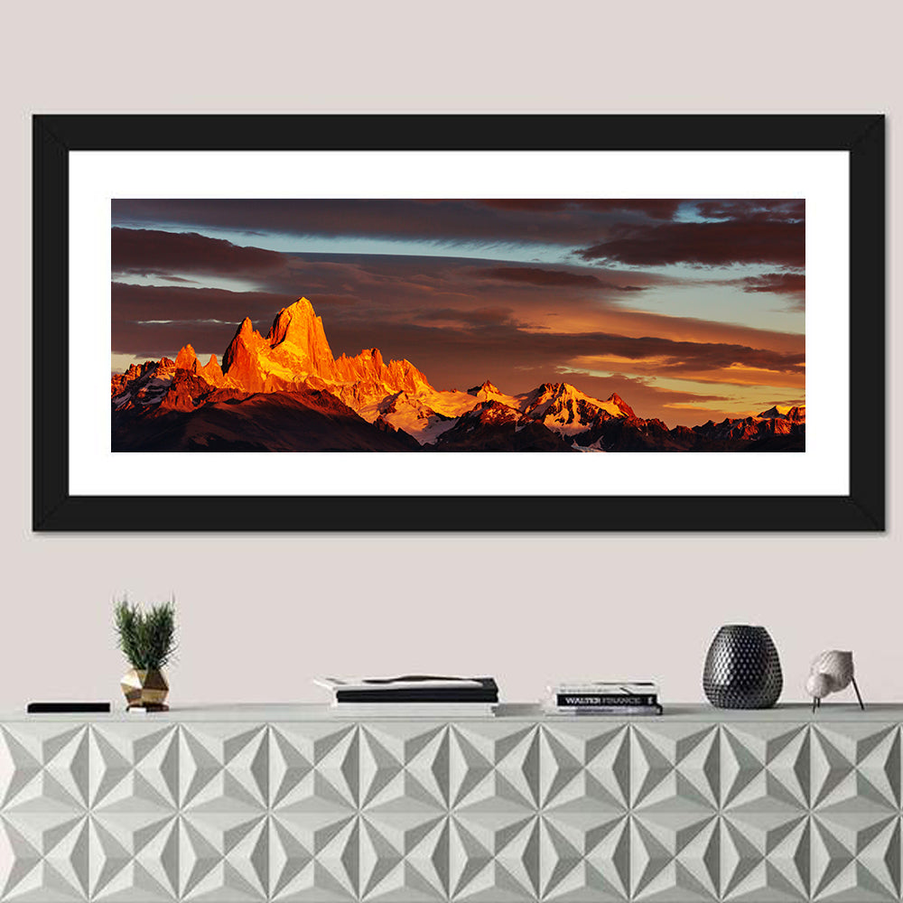 Mount Fitz Roy at Golden Hour Wall Art in a room, panoramic