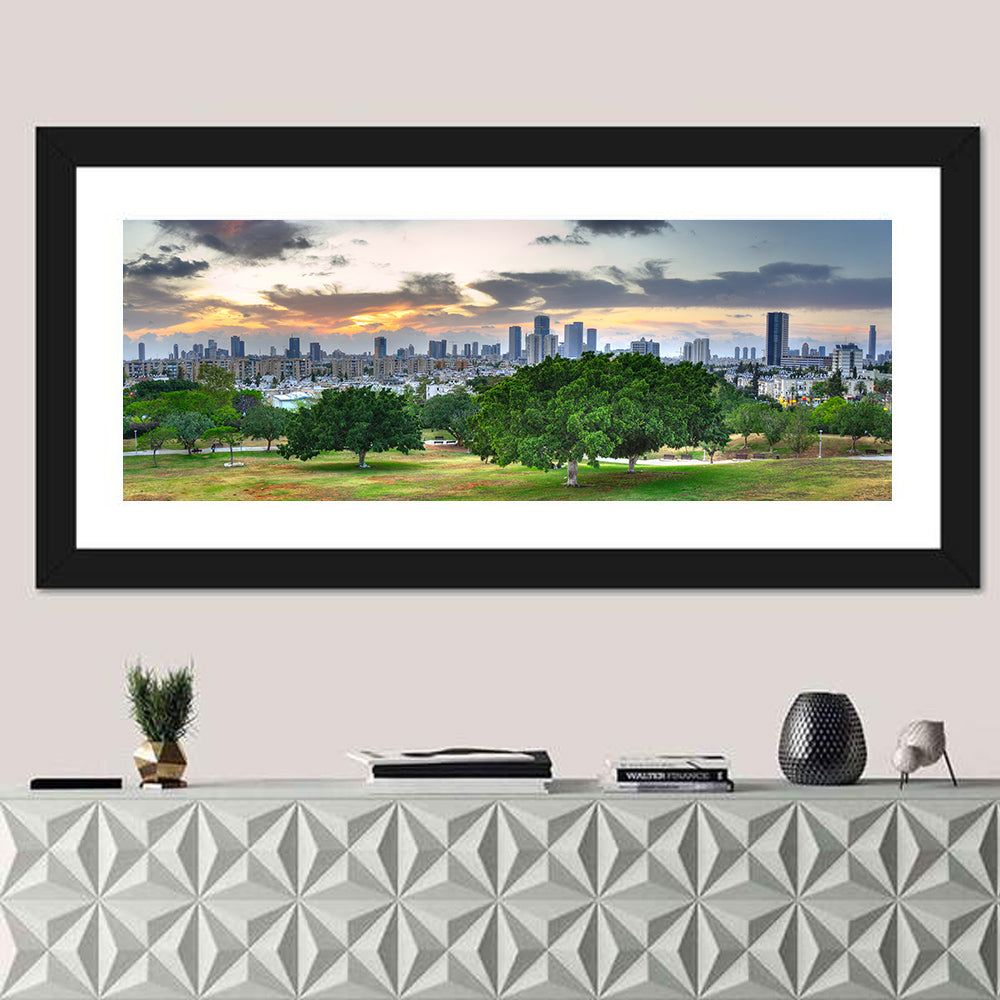 Tel Aviv Skyline at Dusk Wall Art in a room, panoramic