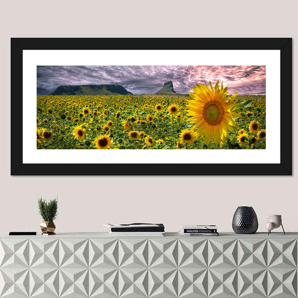 Sunflower Field with Mountains Wall Art in a room, panoramic